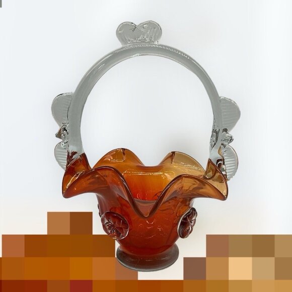 Vintage Hungarian Art Glass Burnt Orange And Clear 10 Inch Basket Collectible - Picture 3 of 16